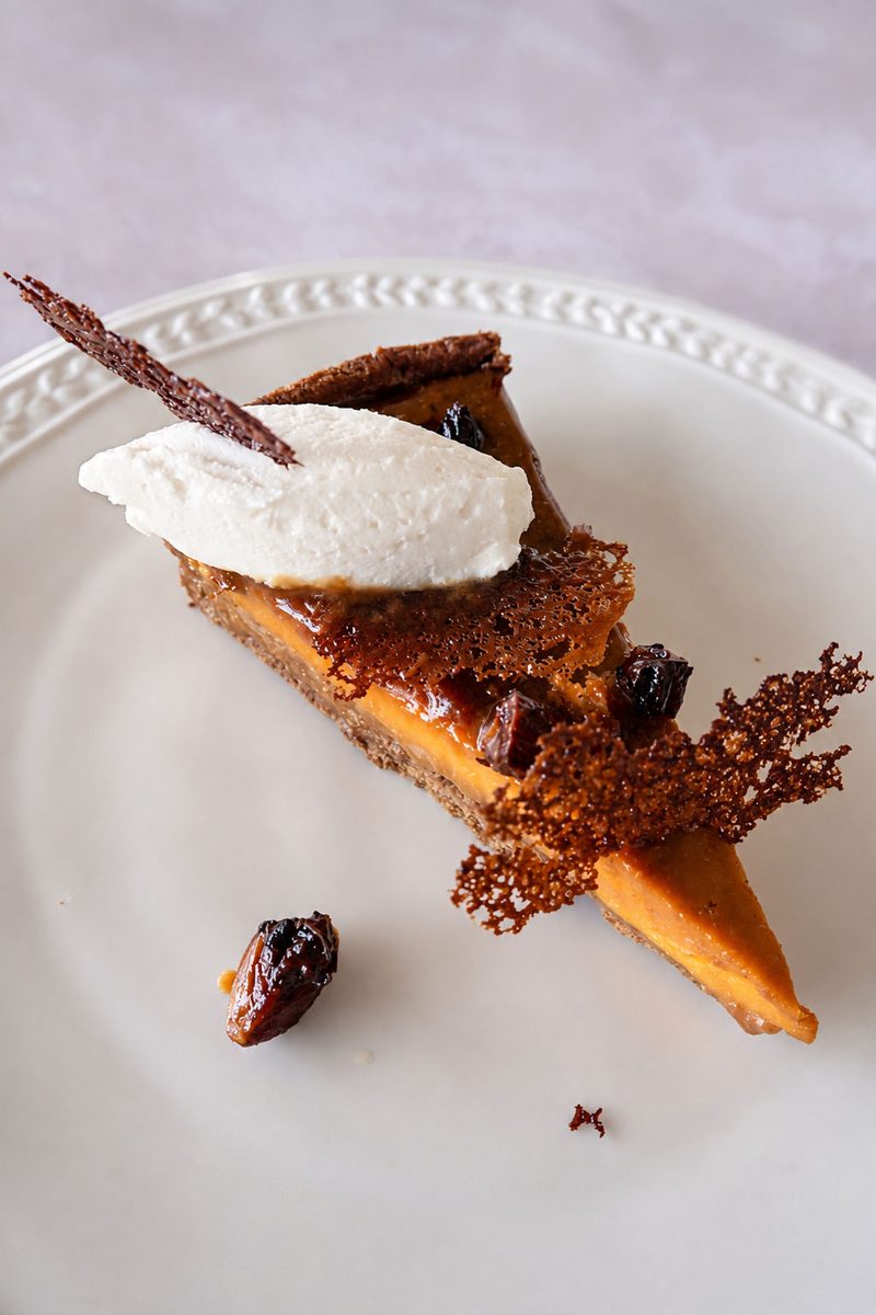 Vegan Pumpkin Tart with Miso Caramel, White Chocolate Cream Cheese, Pecan Praline & Spiced Chestnut Tuiles